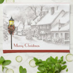 Vintage Christmas Town Cuisine Serviette<br><div class="desc">Serviette de cuisine de vacances avec un croquis noir et blanc d'un village victorien - la seule couleur étant celle de la lampe de rue et des décorations de Noël.</div>