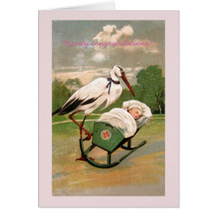 Vintage cigogne bébé berceau faire-part carte