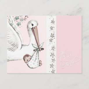 Vintage cigogne rose bébé fille douche Invitations