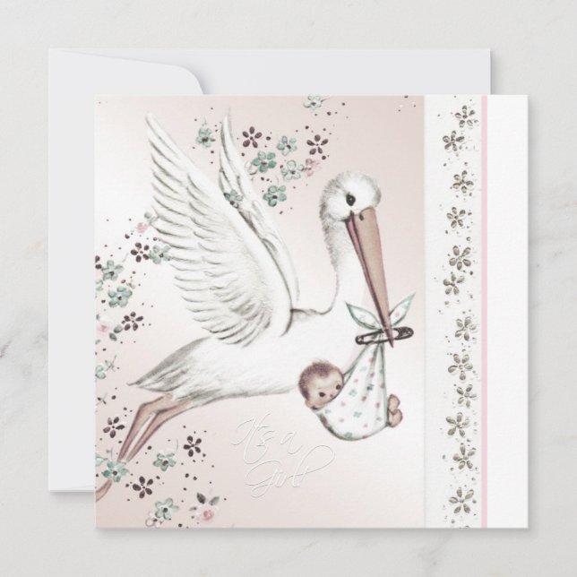 Vintage cigogne rose bébé fille douche Invitations (Devant)