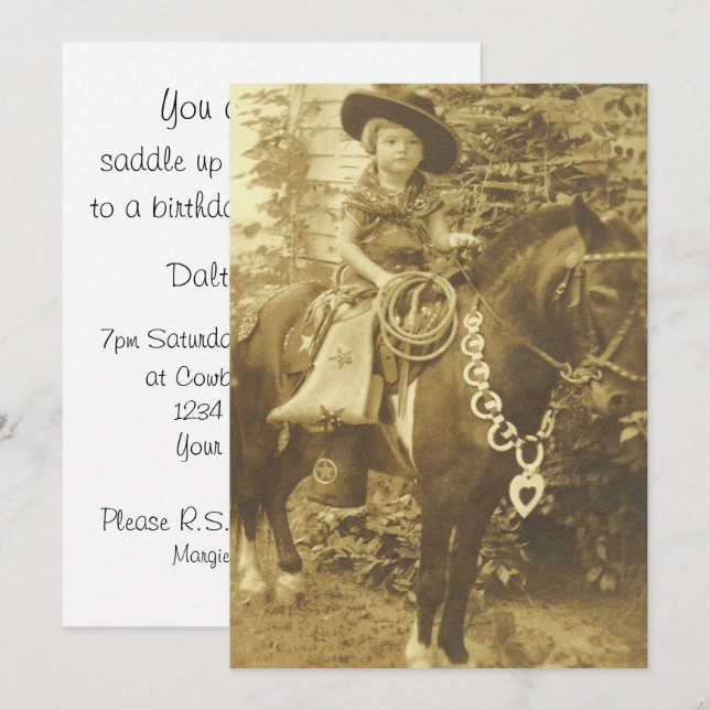 VINTAGE COWGIRL WESTERN PARTY INVITATION (Devant / Derrière)