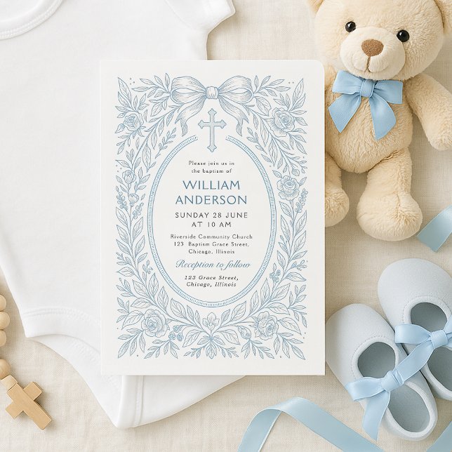 Vintage Croix Bleue Baptême Floral Invitation (Vintage blue cross baptism invite styled with baby shoes, teddy bear, and soft fabric)