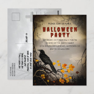 Vintage Crow & Autumn Leaves Halloween Invitation