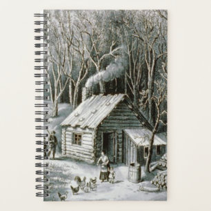 Vintage Currier & Ives Wilderness Log Cabine Woods