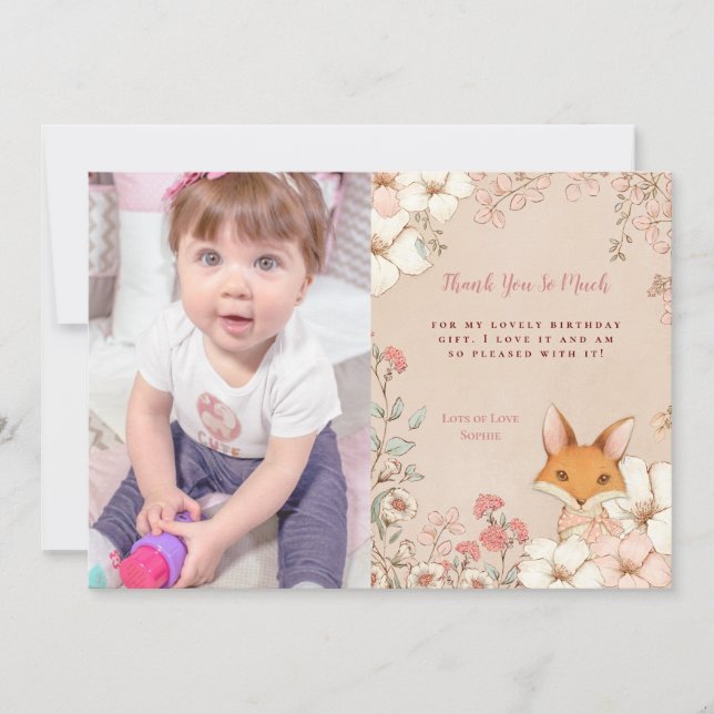 Vintage Cute Fox Photo Girl 1er Anniversaire Merci (Devant)