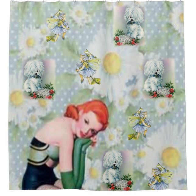 vintage dame de chien fleurs douche rideau (Devant)