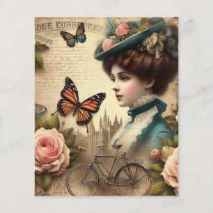 Vintage dame victorienne et collage floral à vélo