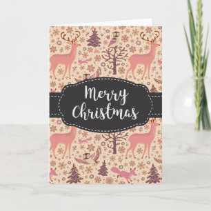 Vintage Deer Owl Fox Woods Joyeuse carte de Noël