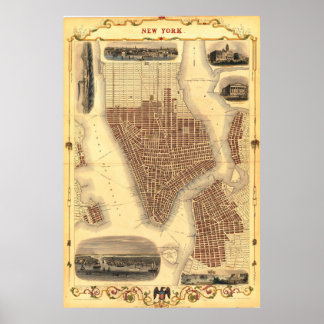 Vintage Detailed New York Map Poster 1851