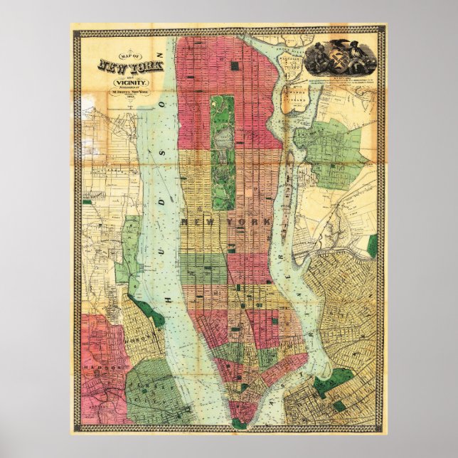Vintage Detailed New York Map Poster 1863 (Devant)