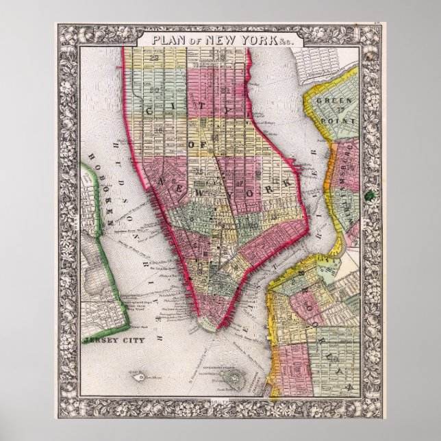 Vintage Detailed New York Map Poster 1865 (Devant)