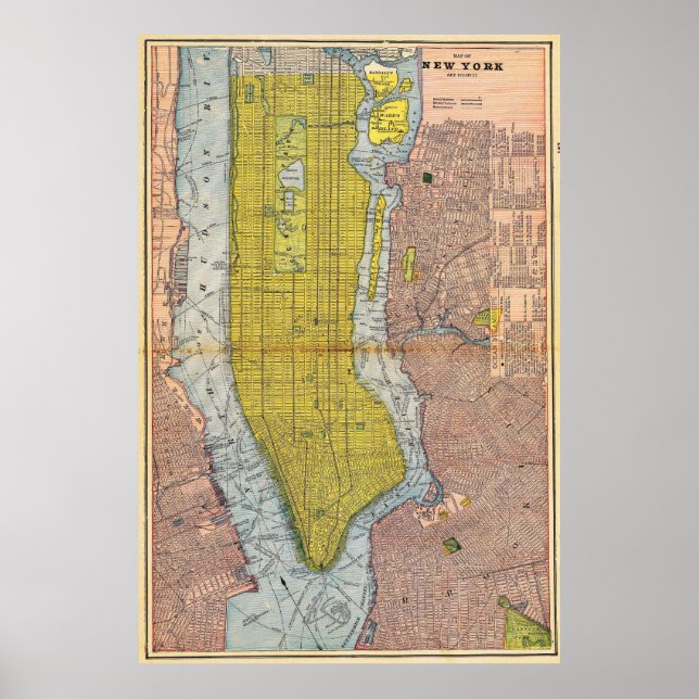 Vintage Detailed New York Map Poster 1892 (Devant)