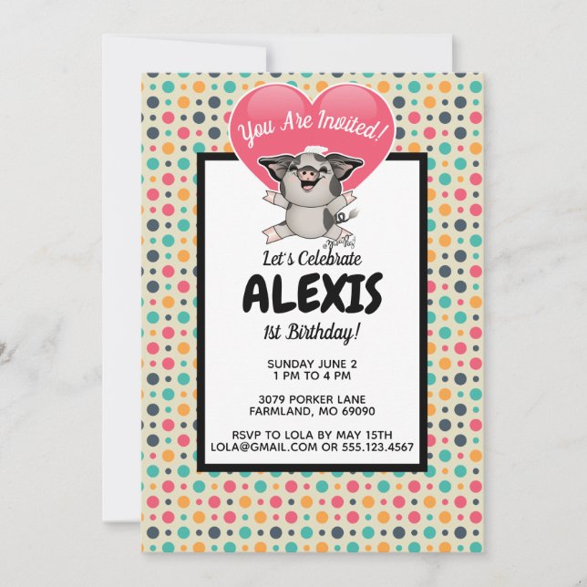 Vintage Dots Piggy Anniversaire Invitation photo (Devant)