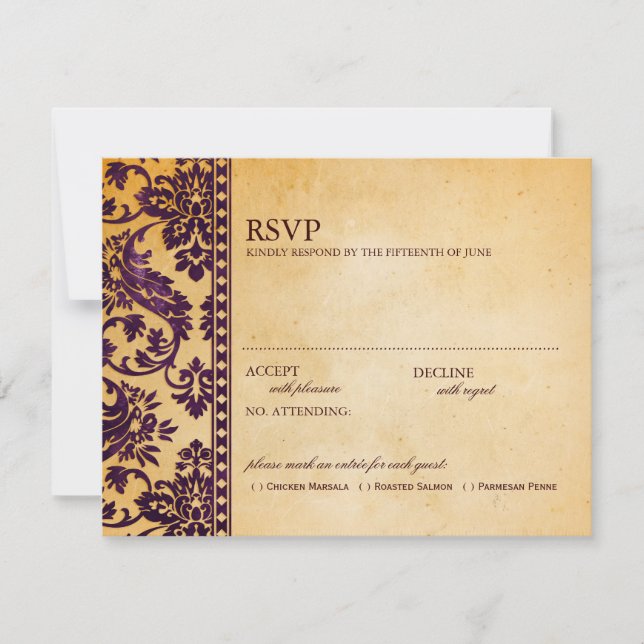 Vintage Eggplant Damask Lace Wedding RSVP (Devant)