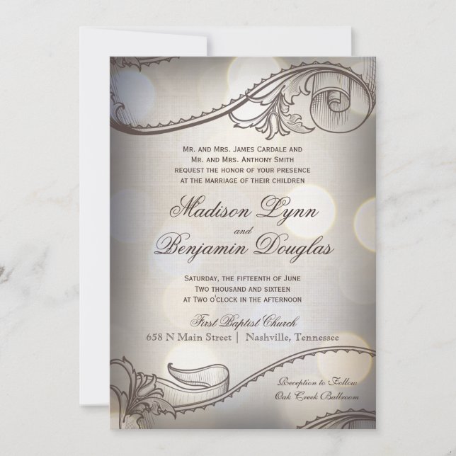 Vintage Elegance Bokeh Rustic Wedding Invitations (Devant)