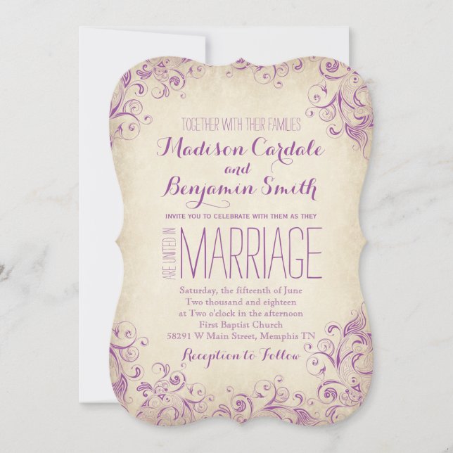 Vintage Élégant violet Faire-part de mariage (Devant)