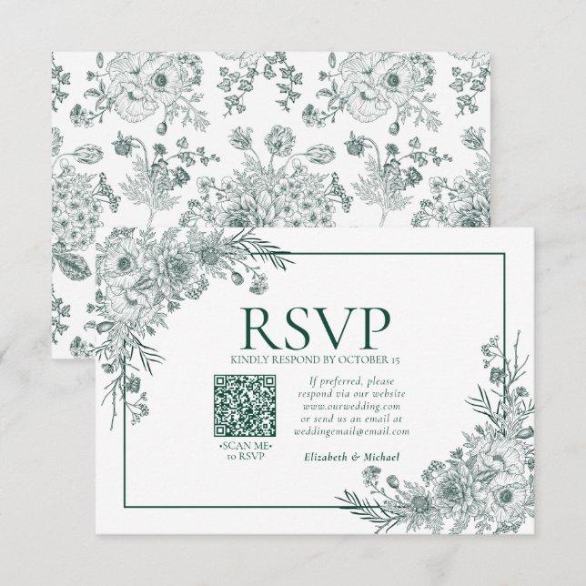 Vintage Emerald Floral Line Art QR Code RSVP (Devant / Derrière)