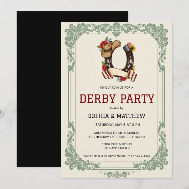 Vintage Equestrian Derby Party Invitation Race  (Devant / Derrière)