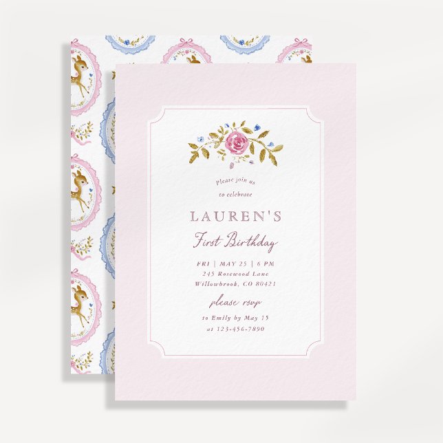 Vintage Fawn Pink First Birthday Invitation (Créateur téléchargé)