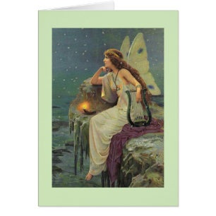 Vintage - Fée Surplombant la mer de nuit,