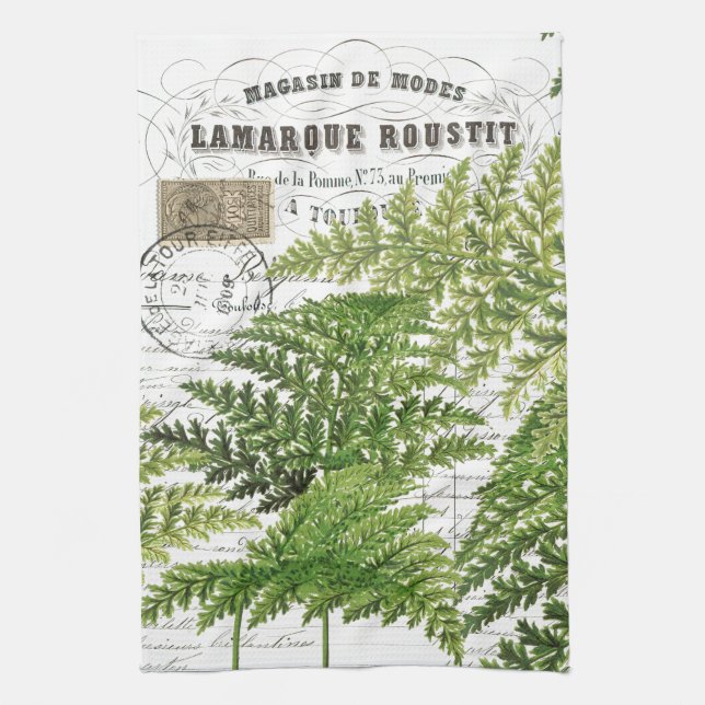 Vintage Fern French Script Cuisine Serviette à mai (Vertical)