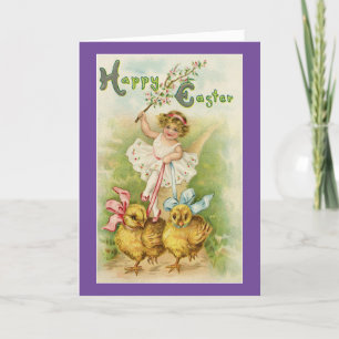 Vintage fille avec poussins Carte de Pâques