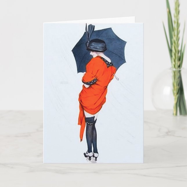 Vintage fille avec une carte de voeux parapluie (Devant)