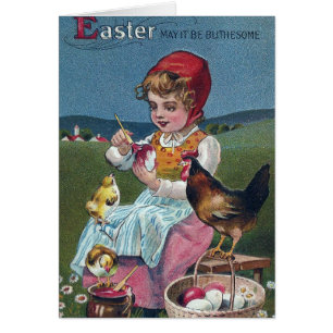 Vintage Fille de Pâques Peinture Oeuf Avec Poulets