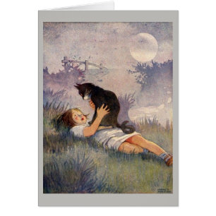 Vintage - Fille et chat noir,