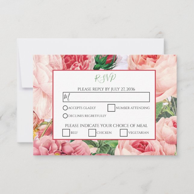 Vintage Floral & Botanique Rose Roses Mariage RSVP (Devant)