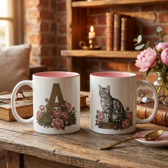 Vintage Floral Cat Monogram Mug (Tabby Cat Gift for Cat Lovers  Cottagecore Aesthetic Coffee Cup)