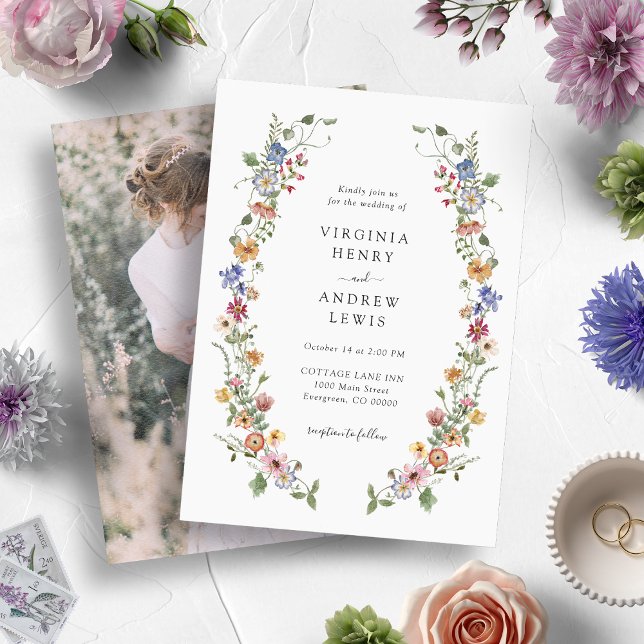 Vintage Floral Photo Faire-part de mariage (Watercolor Vintage Colorful Wildflower Wedding Invitations by Painted Paperie)