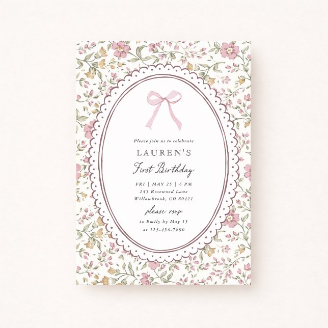 Vintage Floral Pink Bow First Birthday Invitation  (Créateur téléchargé)