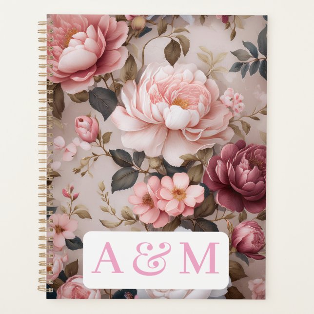 Vintage Floral Planner avec double monogramme (Devant)
