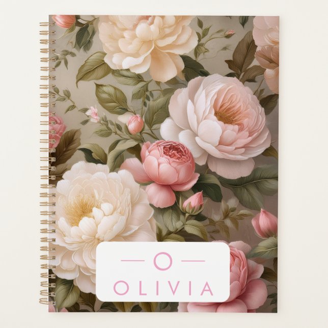 Vintage Floral Planner avec nom et monogramme (Devant)