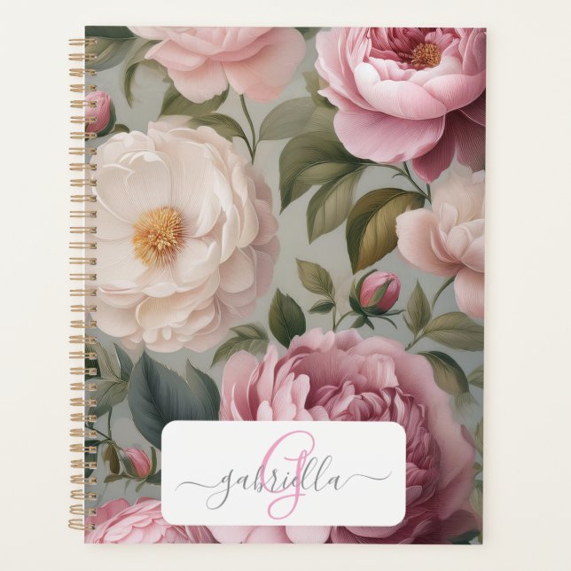 Vintage Floral Planner avec nom et monogramme (Devant)