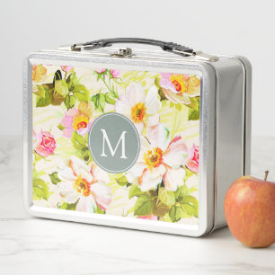 Vintage Floral Rose pivoines Monogram Lunchbox