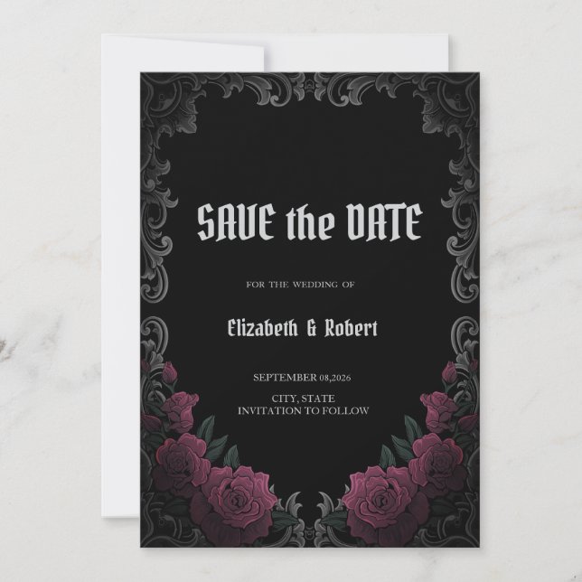 Vintage Frame Dark Roses Gothic Save The Date (Devant)