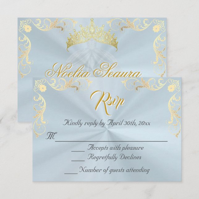 Vintage Frame Quinceanera RSVP - Blue/Gold (Devant / Derrière)