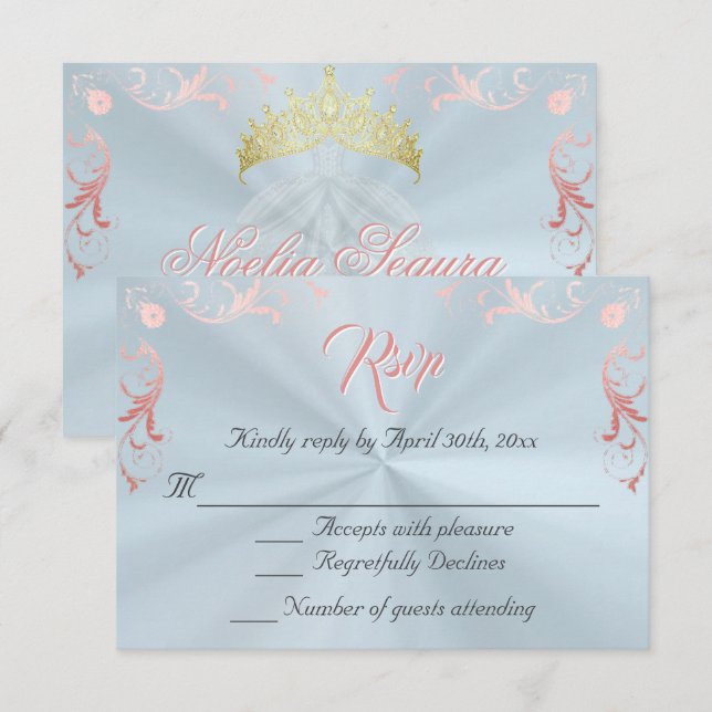 Vintage Frame Quinceanera RSVP - Blue/Rose Gold (Devant / Derrière)