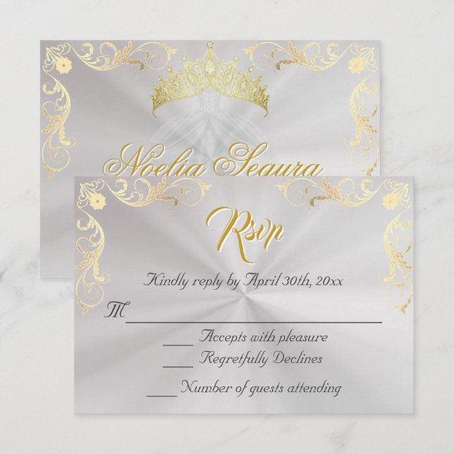 Vintage Frame Quinceanera RSVP - Pearl/Gold (Devant / Derrière)