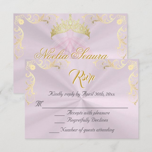 Vintage Frame Quinceanera RSVP - Pink/Gold (Devant / Derrière)