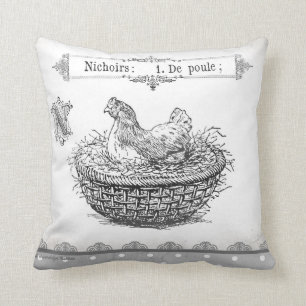 Vintage français hen dans le panier coussin gris 