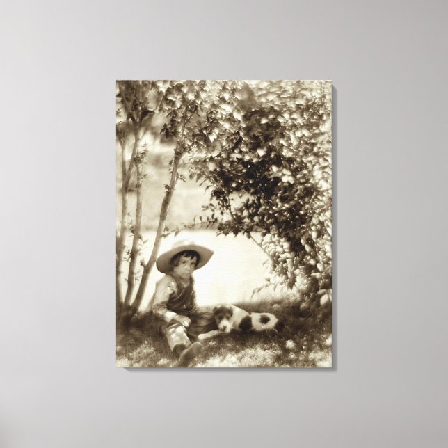 Vintage Garçon avec chien au repos toile Imprimer (Recto)