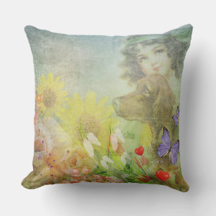 Vintage Girl et son Coussin de décoration de chien