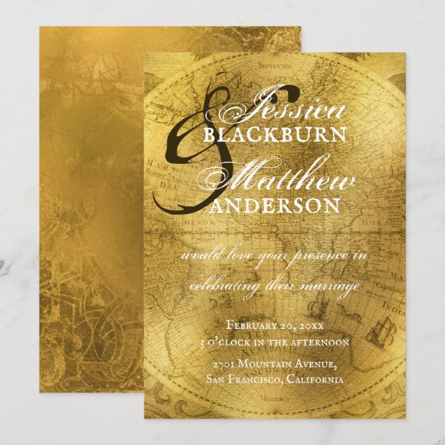 Vintage Gold Antique Vieux Monde Carte Mariage (Devant / Derrière)