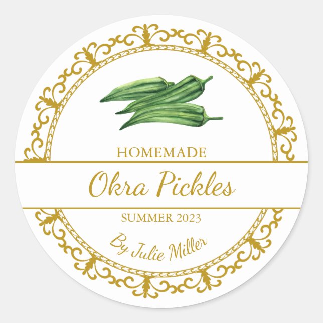 Vintage Gold fait maison Okra Pickles Étiquette (Devant)