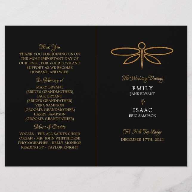 Vintage Gold Foil Dragonfly Wedding Programme (Devant)