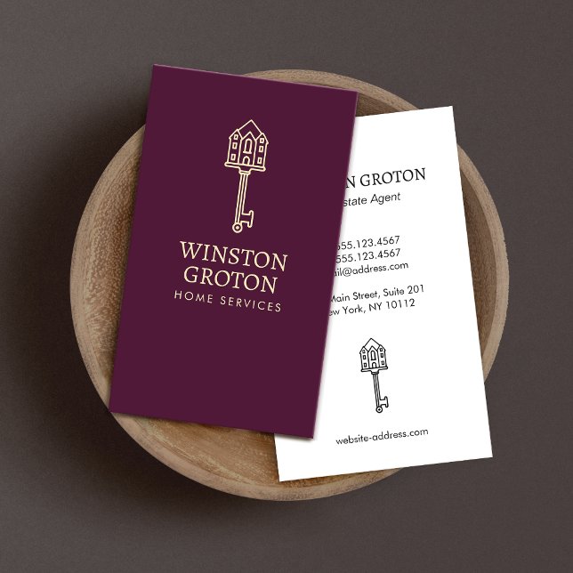 Vintage Gold House Key Carte de visite Bourgogne (Créateur téléchargé)