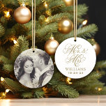 Vintage Gold Mr et Mme Wedding Monogram<br><div class="desc">Personalize this newlywed keepsake holiday ornament with your favorite portrait from the wedding day (tip: crop photo to square shape before uploading). Sur elegant round antique gold frame surrounds the photo on the front and a Mr et Mme last name monogram with wedding date can be personalized on the back....</div>